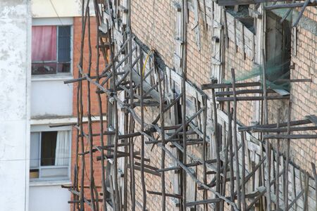 Wood scaffolding for construct a building under construction, Madagascarの写真素材