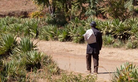 Old man walking on a bad road on Madagascar, Africa