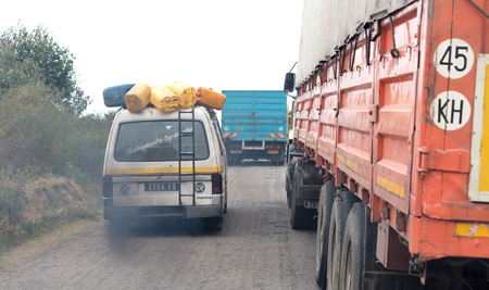 Madagascar on july 27, 2019 - Overloaded bus moves through the vastness of the island of Madagascarのeditorial素材