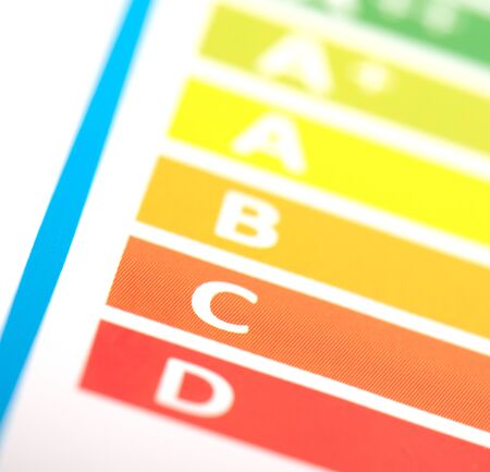 Energy label sticker, efficiency rating, isolated on white - Selective focus on label Cの写真素材