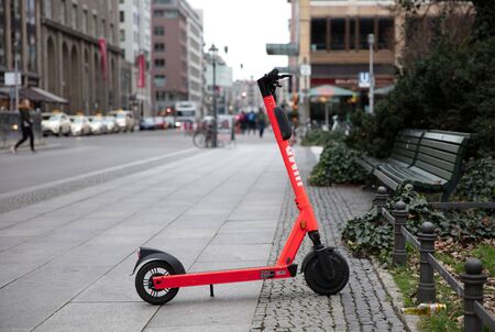 Berlin, Germany - December, 2019: E-mobility in Germany: discarded electric scooters on the streets...