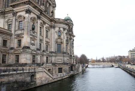 Berlin, Germany on Januari 1, 2020: Cathedral seen from river. Protestant church. Dom. Baroque architecture. Architecturalのeditorial素材