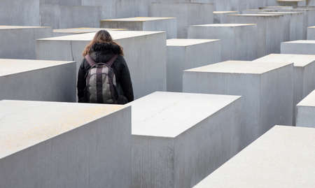 Berlin, Germany on december 30, 2019: Holocaust monument. View in the field from concrete slabs of...