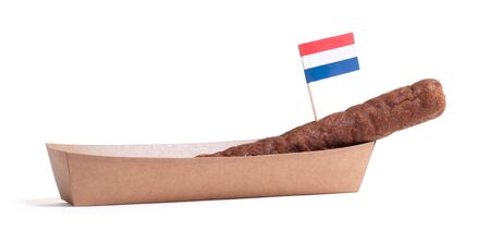 One frikadel, a Dutch fast food snack on a paper trayの写真素材