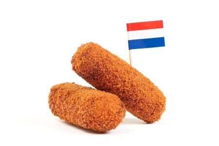 Brown crusty dutch kroketten with dutch flag, isolated on a white backgroundの写真素材