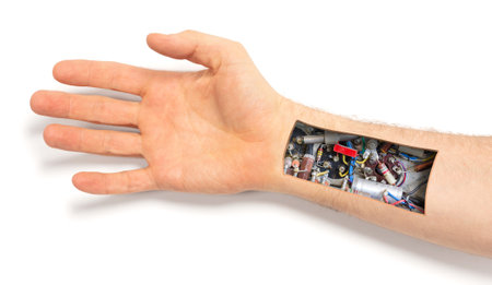 Robot hand inside human hand - Prosthesis concept, isolated on white