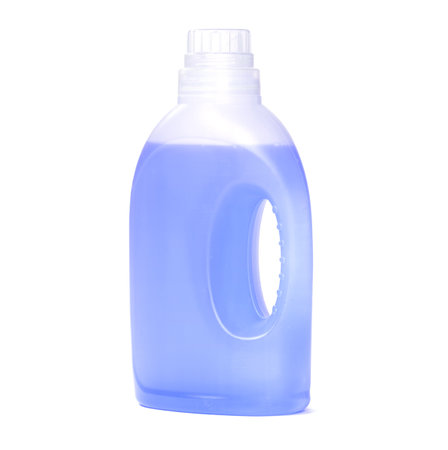 Detergent bottle, blue liquid washing soap for textile, isolated on whiteの写真素材