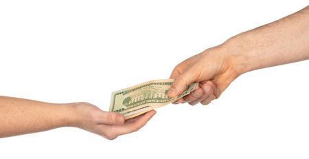 Men hand holding and giving dollars to woman, isolated on white