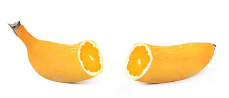 Orange or banana? Isolated on a white backgroundの写真素材