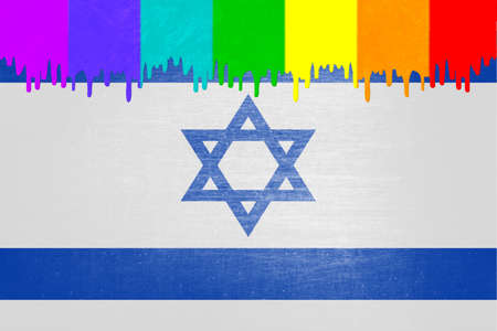 Paint (in the colors of the rainbow flag) is dripping over the national flag of Israelの写真素材