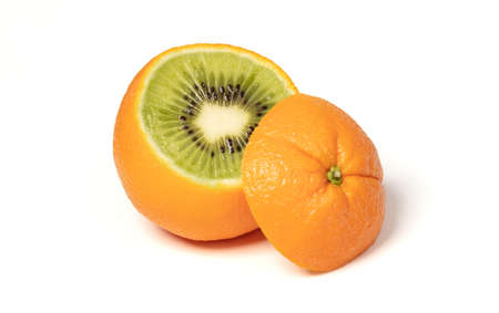 Weird orange, kiwi inside, isolated on whiteの写真素材
