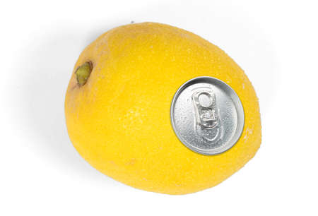Lemon juice in a special can, isolated on white background