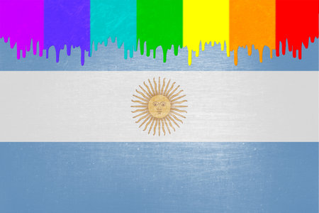 Paint (in the colors of the rainbow flag) is dripping over the national flag of Argentina