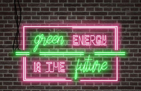 Bright neon lights on a wall - Green energy is the futureの写真素材