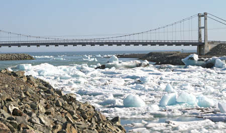 Bridge at Jokulsarlon, the largest glacier lagoon or lake in south eastern Iceland at the head of...