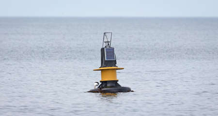 Black and yellow buoy in Icelandic waters, gull on top eating