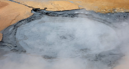 Boiling mudpool in Hverir, Namafjall in northern Iceland (Krafla area)の写真素材