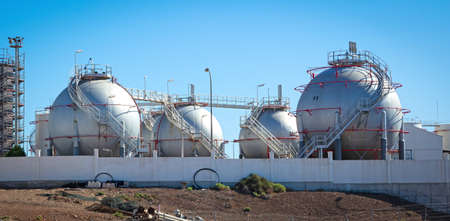 Gas storage spheres from an industrial storage facility, Lanzarote