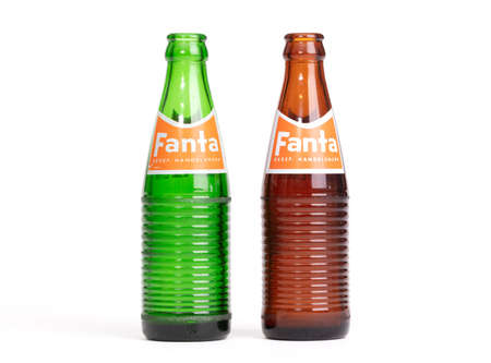 Leeuwarden, the Netherlands on November 22, 2021: Retro glass bottle of Fanta brand (1971)のeditorial素材