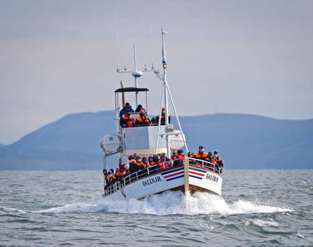 Husavik, Iceland on August 2, 2021: Traditional Icelandic boat from HÃºsavÃ­k. HÃºsavik has...