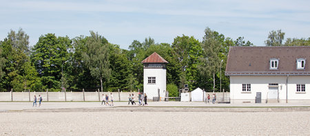Dachau, Germany - July 13, 2020: Single watch tower at Dachau Concentration camp, Germanyのeditorial素材