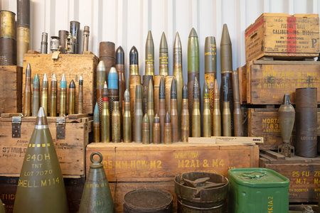 Overloon, the Netherlands on July 30, 2020: Collection of old artillery shells from different periods of timeのeditorial素材