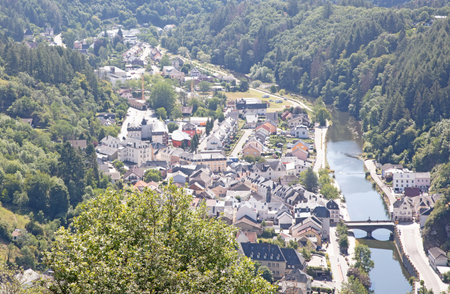 Vianden, Luxembourg on July 22, 2020: Little old town, named Vianden, in Luxembourg. It is famous for an old castle built in 11th and 14th centriesのeditorial素材