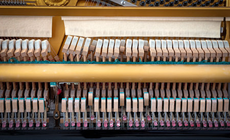 Details of piano mechanism gavel - string, pins and hammers, piano from 1973