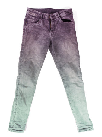 Worn jeans isolated on a white backgroundの写真素材