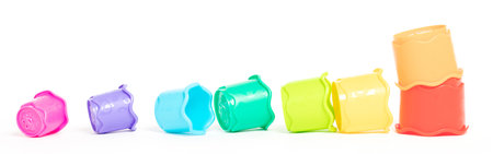 Colorful toy for children - stack cups, isolated on white backgroundの写真素材