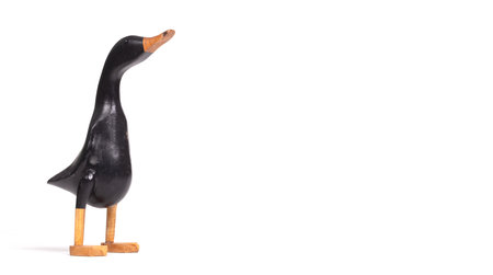 Funny wooden black duck on a white backgroundの写真素材
