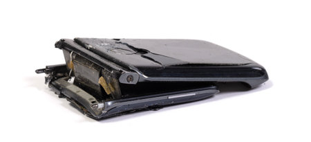 Broken display screen foldable smartphone on a white backgroundの写真素材