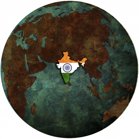india flag on map of earth globeの写真素材