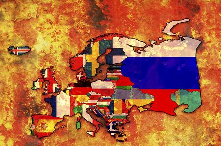 some very old grunge map of european countries with flagsの写真素材