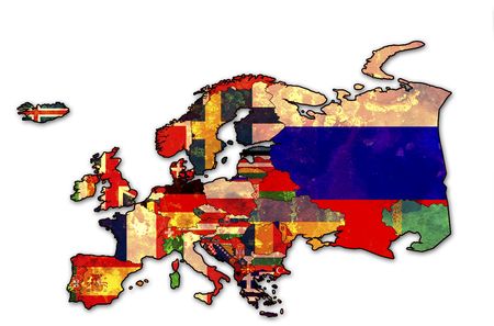 some very old grunge map of european countries with flagsの写真素材