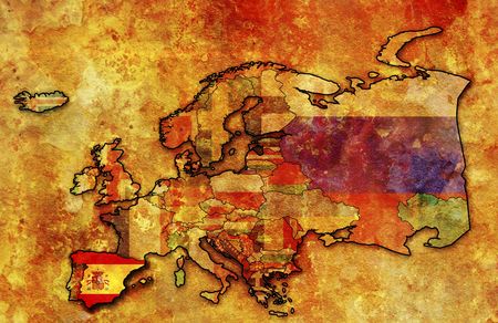 some very old grunge map of spain with flag on map of europeの写真素材