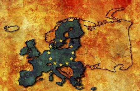 some very old grunge map of european union with flag on map of europeの写真素材