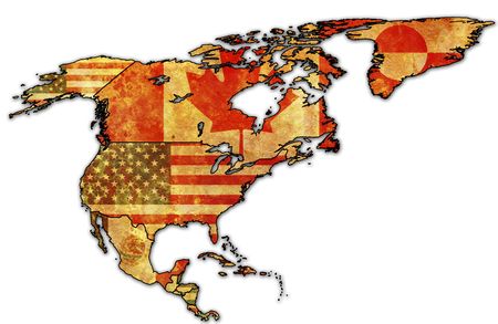 some very old grunge map with flags of north americaの写真素材