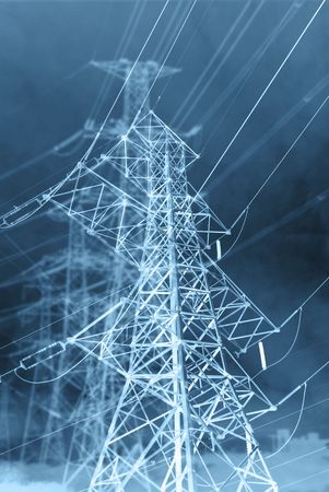 high tension cables in blue colors abstarct backgroundの写真素材