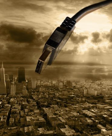 digital graphic of city with cables to connectの写真素材