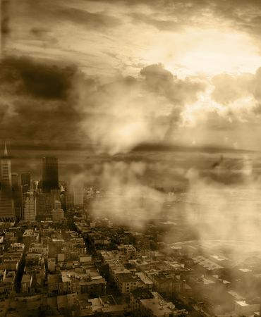 urban landscape with white clouds in frontの写真素材