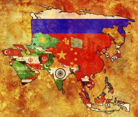 old political map of asia with flagsの写真素材