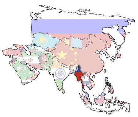 old political map of asia with flag of birmaの写真素材