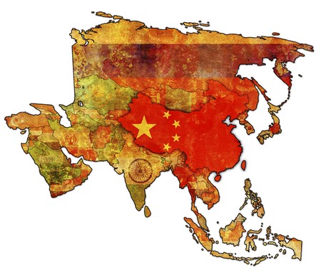 old political map of asia with flag of chinaの写真素材