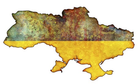 old map of ukraine with flag on country territoryの写真素材