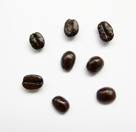 seven isolated dark coffee beans from colombiaの写真素材