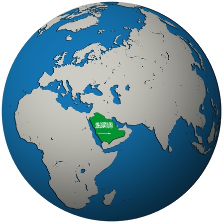 saudi arabia territory with flag on map of globeの写真素材