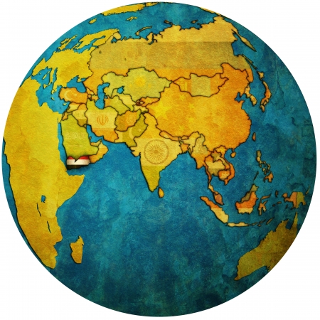 isolated over white territory of yemen with flag on globe mapの写真素材