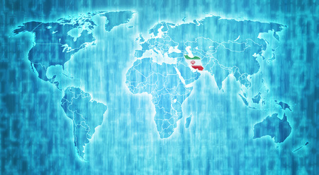 iran flag on blue digital world map with actual national bordersの写真素材