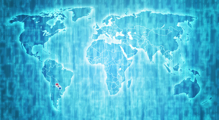 Paraguay flag on blue digital world map with actual national bordersの写真素材
